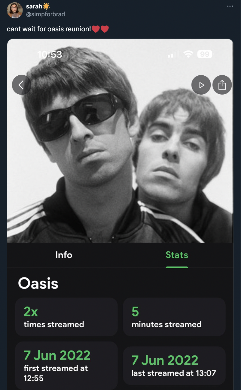 oasis spotify - sarah cant wait for oasis reunion! Info Stats Oasis 2x times streamed 5 minutes streamed first streamed at last streamed at